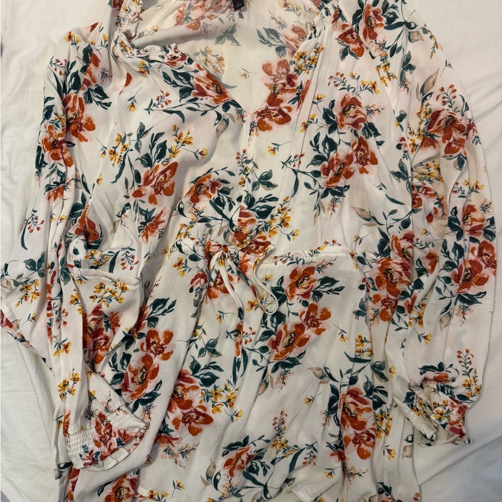 torrid White Floral Wrap Blouse with Rust & Green Botanicals